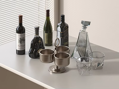 Wine Bottles and Glasses Display on White Countertop with Wine Liquor Bottles Metal Glass Cups 3d model