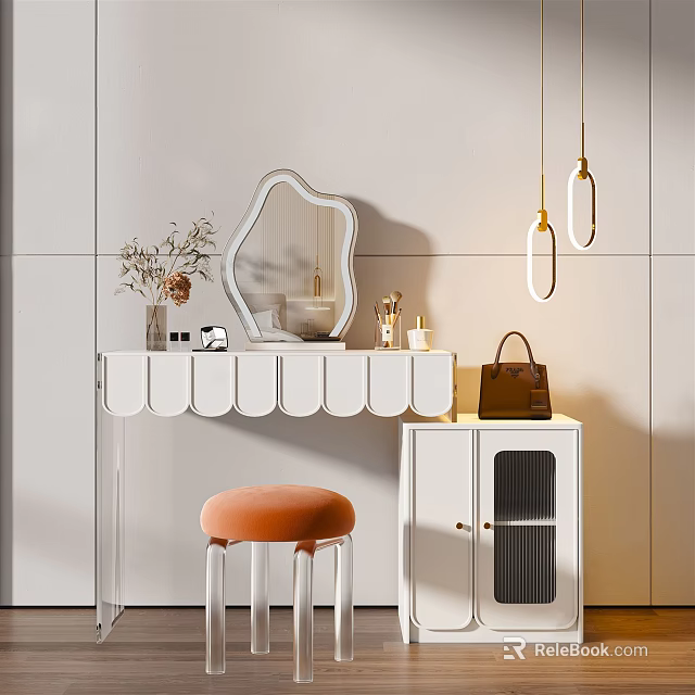 Modern White Dressing Table With Irregular Mirror Orange Stool Brown Handbag And White Cabinet 3d model
