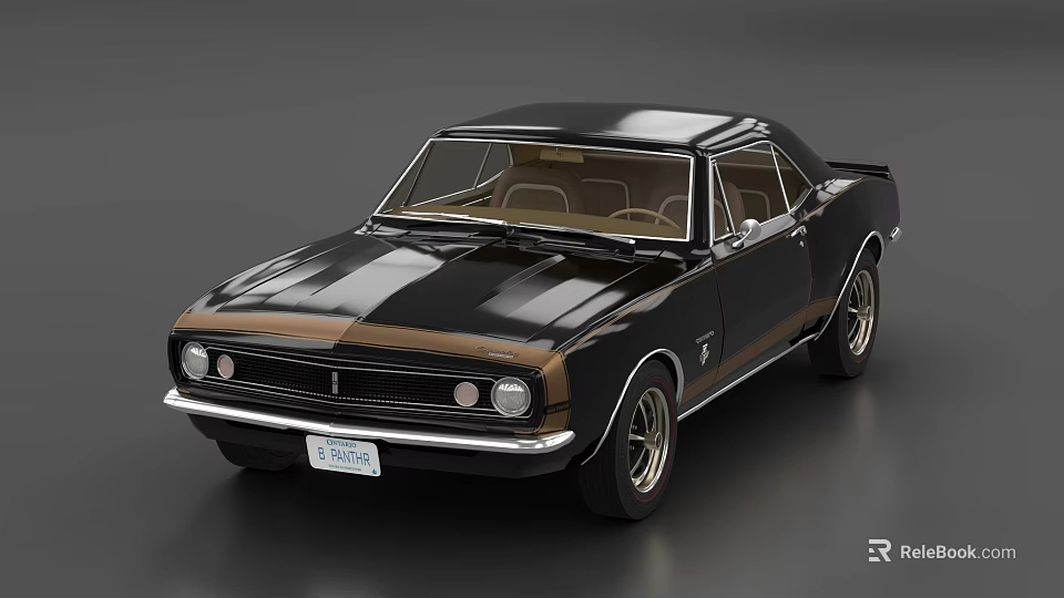 Classic Black Muscle Car Featuring Brown Accents Vintage Design And Chrome Wheels 3d model 