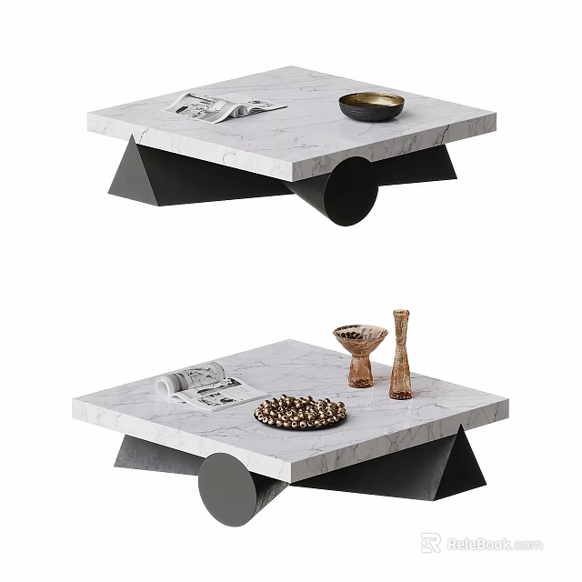 Modern Marble Coffee Table with Black Geometric Base and Decorative Accessories 3d model