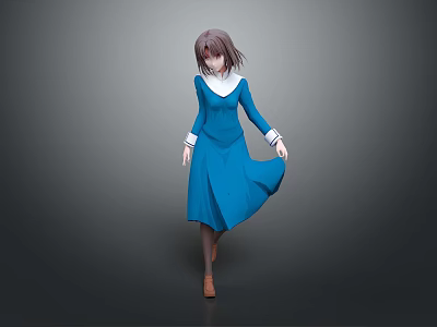 Anime Game Character With Brown Hair Blue Dress White Collar Cuffs Flowing Skirt Brown Shoes 3d model