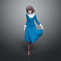 Anime Game Character With Brown Hair Blue Dress White Collar Cuffs Flowing Skirt Brown Shoes