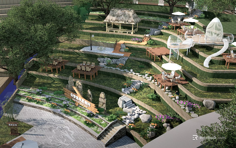 Rural Landscape With Terraced Green Areas Wooden Tables Thatched Pavilion White Umbrellas And Stone Paths 3d model 