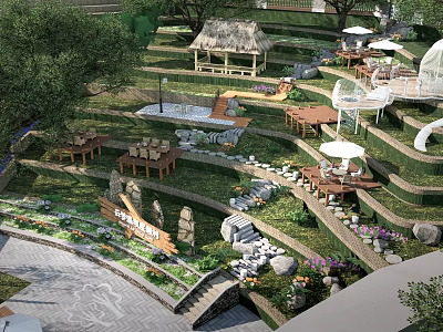 Rural Landscape With Terraced Green Areas Wooden Tables Thatched Pavilion White Umbrellas And Stone Paths 3d model