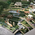 Rural Landscape With Terraced Green Areas Wooden Tables Thatched Pavilion White Umbrellas And Stone Paths