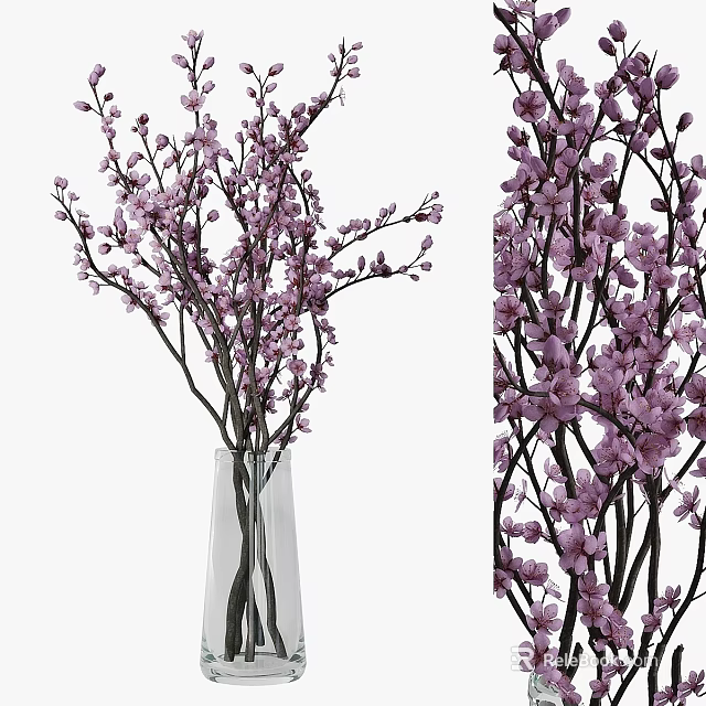 Decorative Ornament Set with Transparent Glass Vase and Pink Flower Branches 3d model 