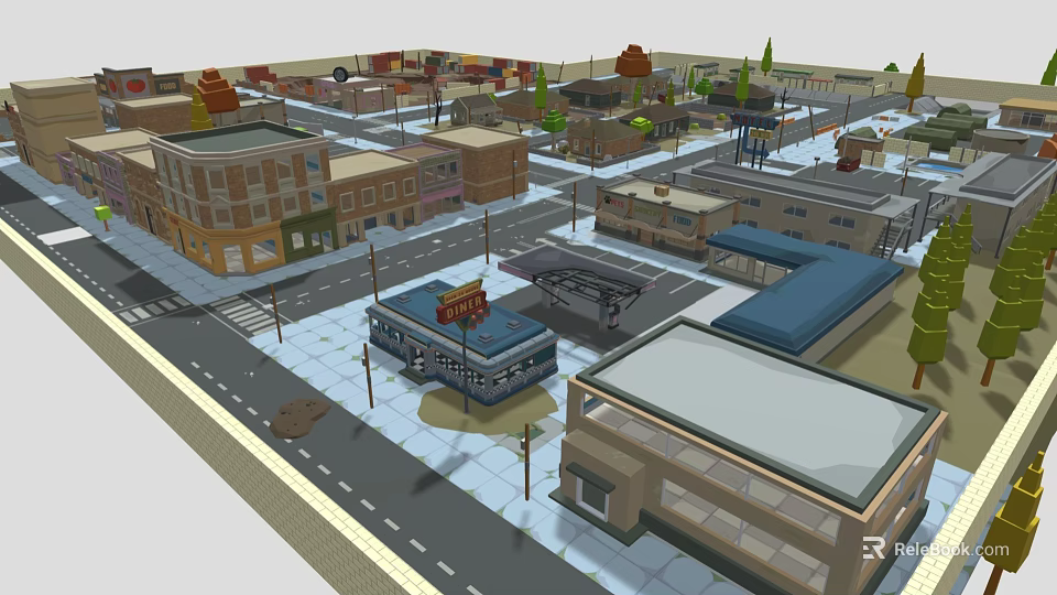 Cartoon Town Scene With Colorful Buildings Streets Street Lamps And Bus Stop 3d model 