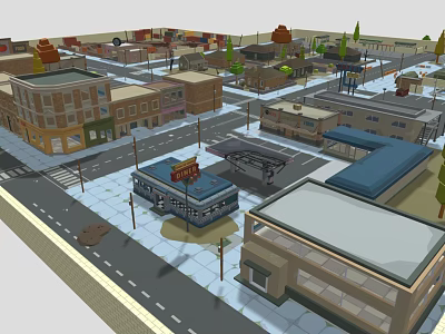 Cartoon Town Scene With Colorful Buildings Streets Street Lamps And Bus Stop 3d model