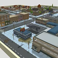 Cartoon Town Scene With Colorful Buildings Streets Street Lamps And Bus Stop