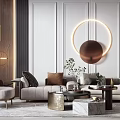 Elegant Modern Living Room Interior With Beige Sofa Coffee Table And Circular Wall Lighting