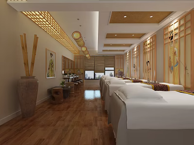 Beauty Salon Interior with Wooden Floors Bamboo Decor Massage Beds Natural Light and Decorative Paintings 3d model