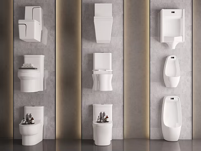Different Types Of Modern Toilets And Urinals In Bathroom Display Setup 3d model