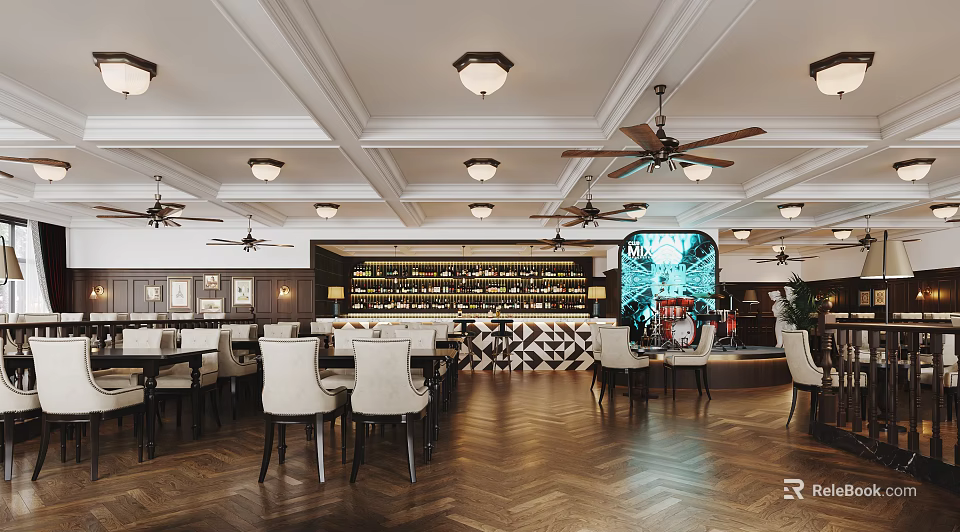Elegant Restaurant Interior with Ceiling Lights Fans Bar Counter Wine Racks Dining Tables Herringbone Floor 3d model 