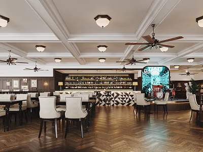 Elegant Restaurant Interior with Ceiling Lights Fans Bar Counter Wine Racks Dining Tables Herringbone Floor 3d model