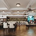 Elegant Restaurant Interior with Ceiling Lights Fans Bar Counter Wine Racks Dining Tables Herringbone Floor