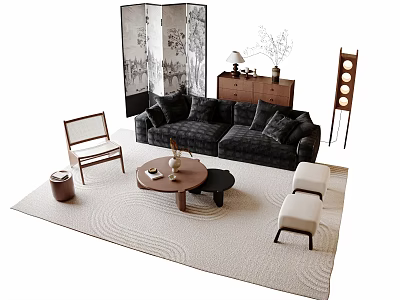 Modern Living Room Sofa and Coffee Table Set With Area Rug and Side Stools 3d model
