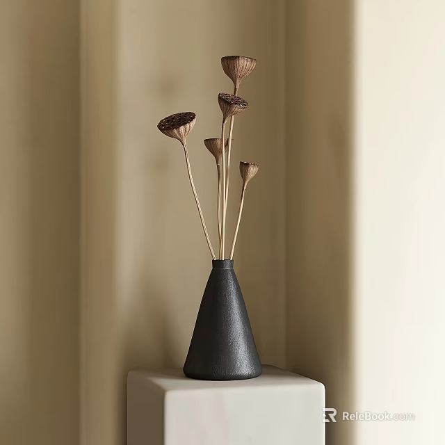 Black Conical Vase With Dried Flowers On White Pedestal Against Beige Wall 3d model 