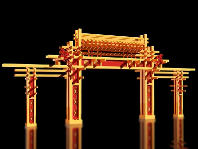Golden Chinese Style Archway Photo Check-in Spot With Red Decorations Intricate Carvings Black Background Reflections 3d model