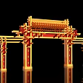 Golden Chinese Style Archway Photo Check-in Spot With Red Decorations Intricate Carvings Black Background Reflections