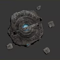 Steampunk Mechanical Device With Rustic Metal Surface Curved Handle Blue Glowing Center Four Support Legs