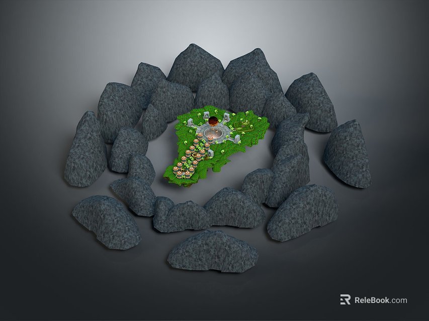 Scenic Landscape With Gray Stones Surrounding Central Green Area And Red Flower Accents 3d model 