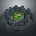 Scenic Landscape With Gray Stones Surrounding Central Green Area And Red Flower Accents