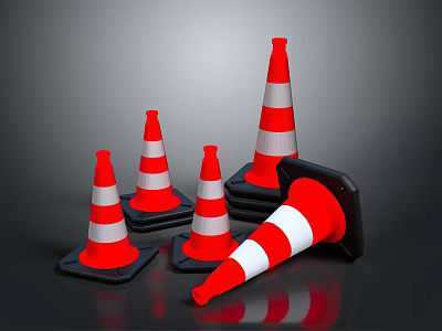 Red And White Striped Traffic Cones With Black Bases On 3d model