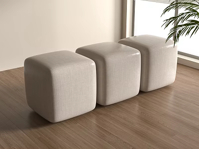 Three Beige Square Fabric Stools On Wooden Floor Near Window With Green Plant 3d model