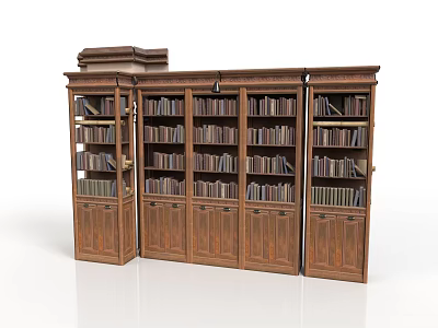 Elegant Traditional Wood Bookcase With Multiple Shelves Filled With Books And Cabinet Doors 3d model