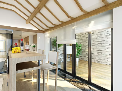 Modern Hotel Room Interior With Wooden Ceiling Large Windows And Natural Light 3d model