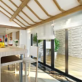 Modern Hotel Room Interior With Wooden Ceiling Large Windows And Natural Light