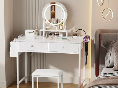 White Dressing Table With Round Mirror Drawers Stool Hair Dryer And Cosmetics In Bedroom 3d model