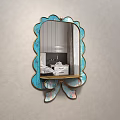 Scalloped Edge Mirror With Blue Pink Frame And Circular Accent Reflecting Bedroom