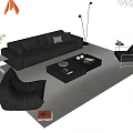 Modern Black Leather Sofa and Coffee Table Set with Armchair Lamp Decor on Rug