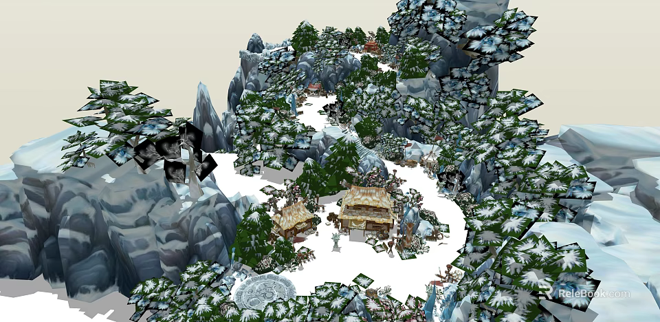 Snowy Winter Mountain Landscape With Snow Covered Trees Rocks And Wooden Cabins And Winding Path 3d model 