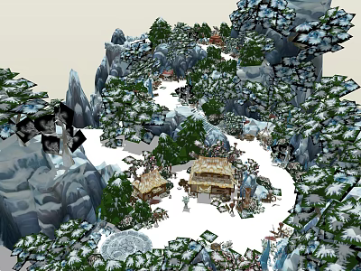 Snowy Winter Mountain Landscape With Snow Covered Trees Rocks And Wooden Cabins And Winding Path 3d model