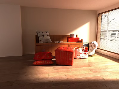 Furniture Showroom Featuring Wooden Bench With Plaid Cushion Red Storage Stools And Sunlit Window Blinds 3d model