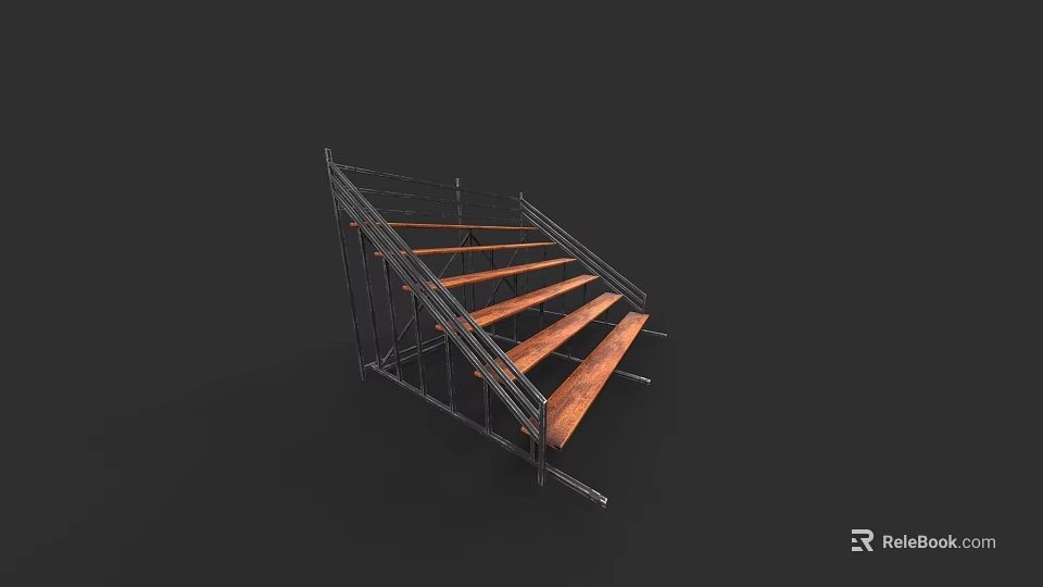 Metal Frame Wooden Steps Structure With Black Background For Indoor Stairs 3d model 