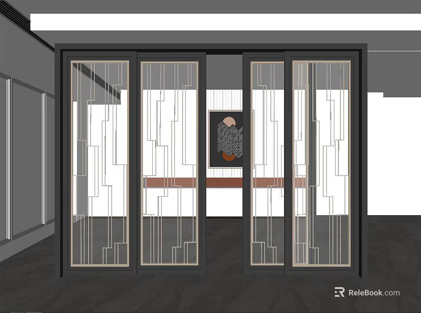 Modern Interior Sliding Doors With Glass Panels And Geometric Patterns Black Frame 3d model