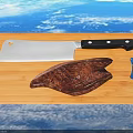 Wooden Cutting Board With Cleaver Knife And Raw Meat For Kitchen Use