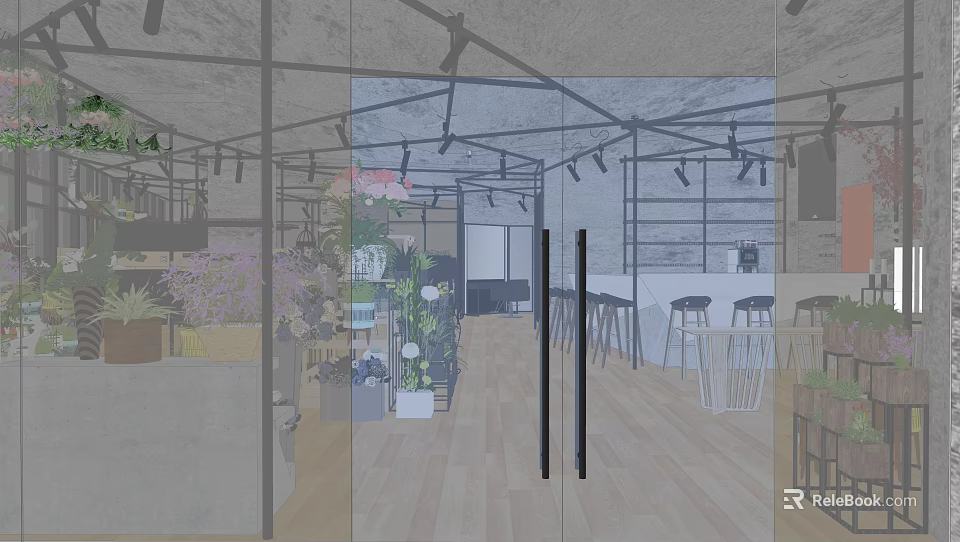 Modern Café Interior Design With Green Plants Cozy Seating And Pendant Lights 3d model 