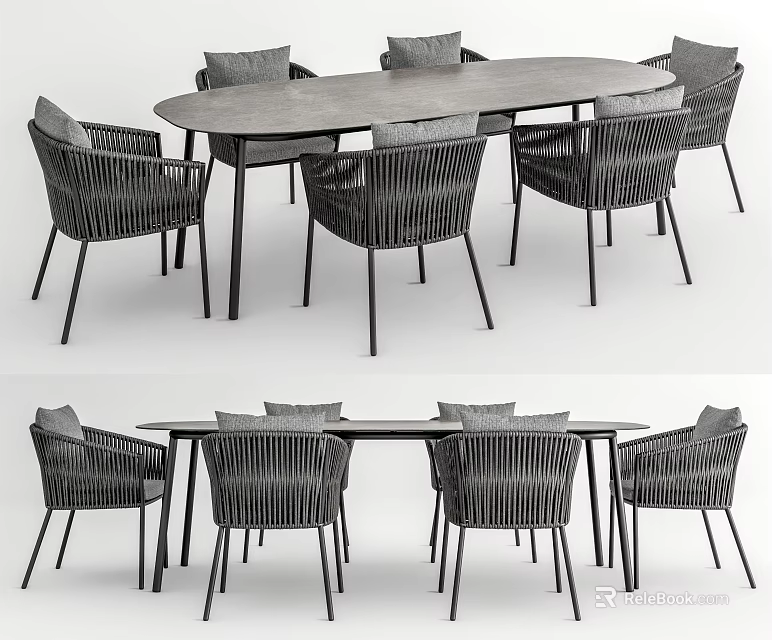 Modern Dark Wicker Dining Table Set With Oval Top And Comfortable Chairs 3d model 