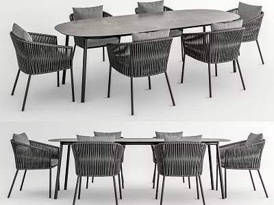 Modern Dark Wicker Dining Table Set With Oval Top And Comfortable Chairs 3d model