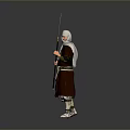 Man Wearing Traditional Outfit Holding Long Sword Standing in Gray Background