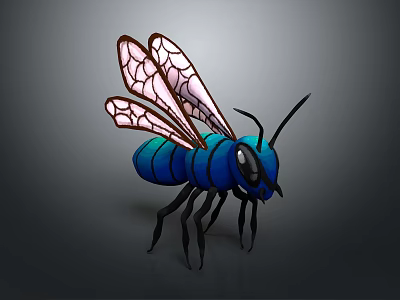 Detailed Blue Bee Character With Transparent Pink Patterned Wings And Black Legs 3d model