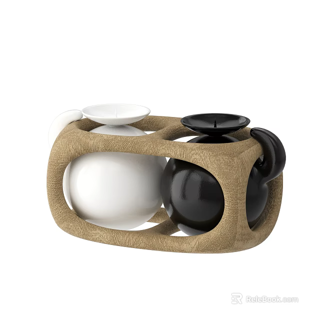 Artistic Modern Sculpture With Woven Textured Frame And White Black Spheres 3d model 