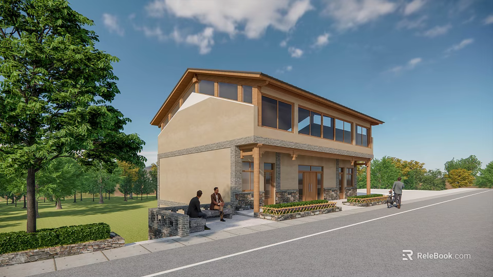 Two Story Boutique Guesthouse Exterior With Large Windows People Sitting And Greenery 3d model 