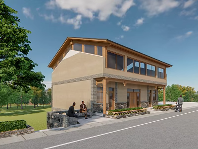 Two Story Boutique Guesthouse Exterior With Large Windows People Sitting And Greenery 3d model