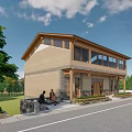 Two Story Boutique Guesthouse Exterior With Large Windows People Sitting And Greenery