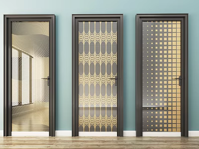 Stylish Swing Doors with Various Geometric Patterns Black Frames Light Blue Walls and Wooden Flooring 3d model